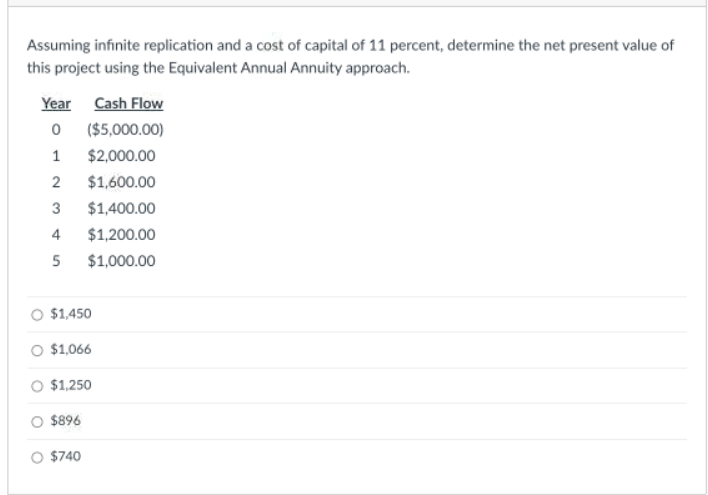 Assuming infinite replication and a cost of capital of 11 percent, determine the net present value of
this project using the Equivalent Annual Annuity approach.
Year Cash Flow
0 ($5,000.00)
1 $2,000.00
2 $1,600.00
3 $1,400.00
4
$1,200.00
5 $1,000.00
$1,450
$1,066
$1,250
$896
O $740