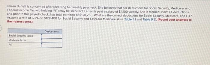 Larren Buffett is concerned after receiving her weekly paycheck. She believes that her deductions for Social Security, Medicare, and
Federal Income Tax withholding (FIT) may be incorrect. Larren is paid a salary of $4,100 weekly. She is married, claims 4 deductions,
and prior to this payroll check, has total earnings of $128,255. What are the correct deductions for Social Security, Medicare, and FIT?
Assume a rate of 6.2% on $128,400 for Social Security and 1.45% for Medicare. (Use Table 9.1 and Table 9.2). (Round your answers to
the nearest cent.)
Social Security taxes
Medicare taxes
FIT
Deductions