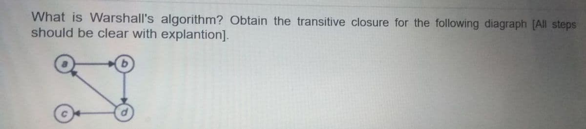 What is Warshall's algorithm? Obtain the transitive closure for the following diagraph [All steps
should be clear with explantion].
