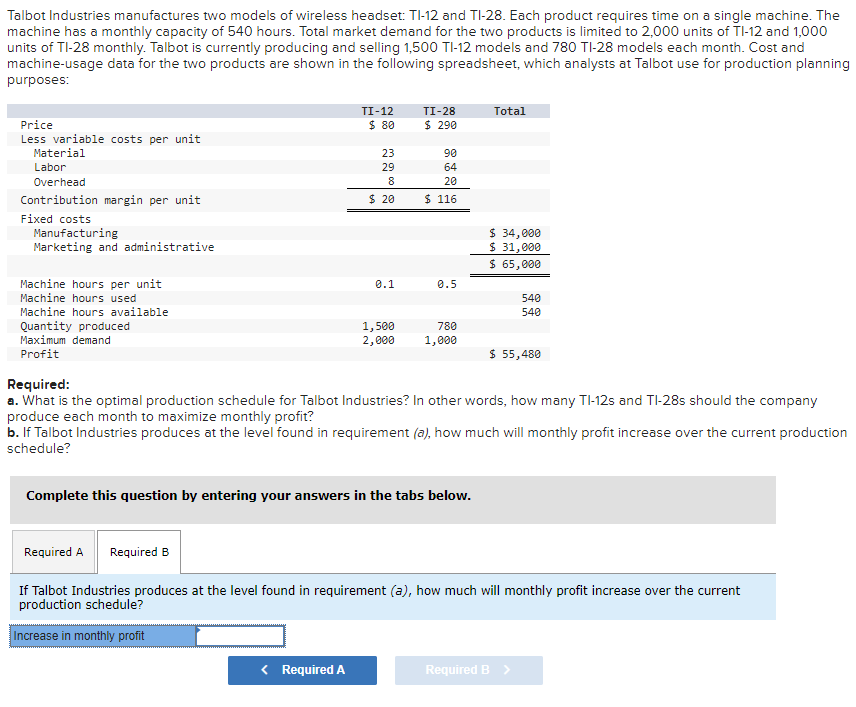 Talbot Industries manufactures two models of wireless headset: TI-12 and TI-28. Each product requires time on a single machine. The
machine has a monthly capacity of 540 hours. Total market demand for the two products is limited to 2,000 units of TI-12 and 1,000
units of TI-28 monthly. Talbot is currently producing and selling 1,500 TI-12 models and 780 TI-28 models each month. Cost and
machine-usage data for the two products are shown in the following spreadsheet, which analysts at Talbot use for production planning
purposes:
Price
Less variable costs per unit
Material
Labor
Overhead
Contribution margin per unit
Fixed costs
Manufacturing
Marketing and administrative
Machine hours per unit
Machine hours used
Machine hours available
Quantity produced
Maximum demand
Profit
TI-12
$ 80
Required A Required B
23
29
8
$ 20
0.1
< Required A
1,500
2,000
TI-28
$ 290
90
64
20
$ 116
0.5
780
1,000
Complete this question by entering your answers in the tabs below.
Total
$ 34,000
$ 31,000
$ 65,000
Required:
a. What is the optimal production schedule for Talbot Industries? In other words, how many TI-12s and TI-28s should the company
produce each month to maximize monthly profit?
b. If Talbot Industries produces at the level found in requirement (a), how much will monthly profit increase over the current production
schedule?
540
540
$ 55,480
If Talbot Industries produces at the level found in requirement (a), how much will monthly profit increase over the current
production schedule?
Increase in monthly profit
Required B >