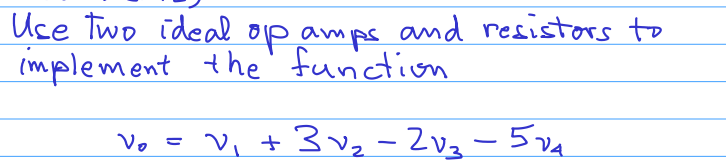 Uce Two ideal op amps and resistors to
(mplement the' function
Vo =
v, + 3 vz -2vz-5va
