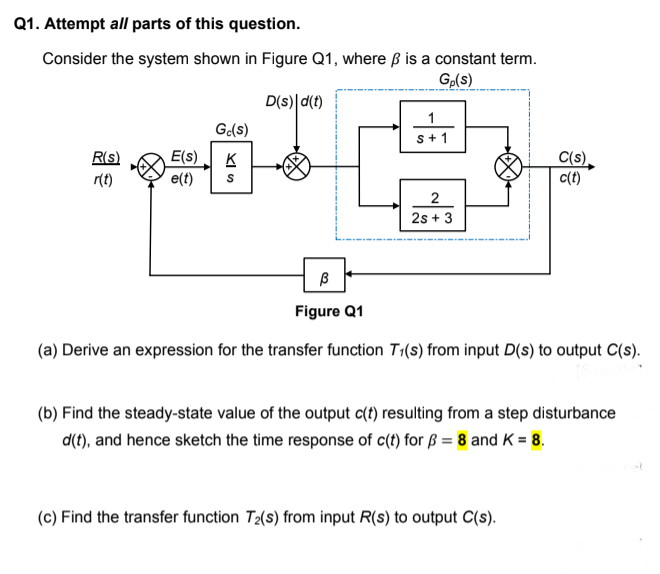 Q1. Attempt all parts of this question.
Consider the system shown in Figure Q1, where ß is a constant term.
Gp(s)
D(s)|d(t)
1
G(s)
s+ 1
E(s)
K
e(t)
R(s)
C(s)
c(t)
r(t)
2
2s + 3
Figure Q1
(a) Derive an expression for the transfer function T1(s) from input D(s) to output C(s).
(b) Find the steady-state value of the output a(t) resulting from a step disturbance
d(t), and hence sketch the time response of c(t) for ß = 8 and K = 8.
(c) Find the transfer function T2(s) from input R(s) to output C(s).
