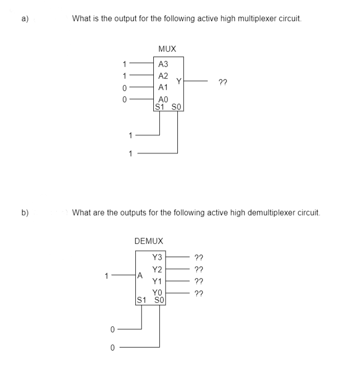 a)
What is the output for the following active high multiplexer circuit.
MUX
АЗ
A2
Y
A1
??
A0
S1 SO
b)
What are the outputs for the following active high demultiplexer circuit.
DEMUX
Y3
??
Y2
A
Y1
??
1-
??
YO
S1 SO
??
- - O O
