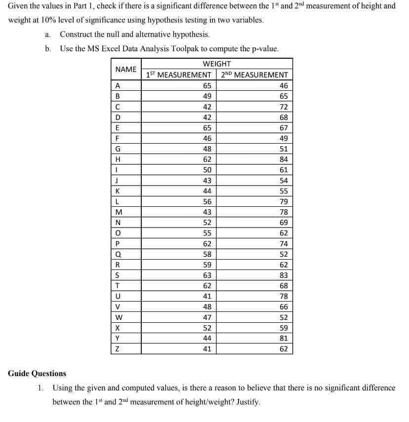 Given the values in Part 1, check if there is a significant difference between the 1* and 2nd measurement of height and
weight at 10% level of significance using hypothesis testing in two variables.
a. Construct the null and alternative hypothesis.
b. Use the MS Excel Data Analysis Toolpak to compute the p-value.
WEIGHT
NAME
1ST MEASUREMENT 2ND MEASUREMENT
A
65
46
B.
49
65
C
42
72
D
42
68
E
65
67
F
46
49
G
48
51
62
84
50
61
43
54
K
44
55
L
56
79
M
43
78
N
52
69
55
62
P
62
74
Q
58
52
59
62
63
83
62
68
41
78
V
48
66
47
52
X
52
59
Y
44
81
41
62
Guide Questions
1. Using the given and computed values, is there a reason to believe that there is no significant difference
between the 1s and 2nd measurement of height/weight? Justify.
