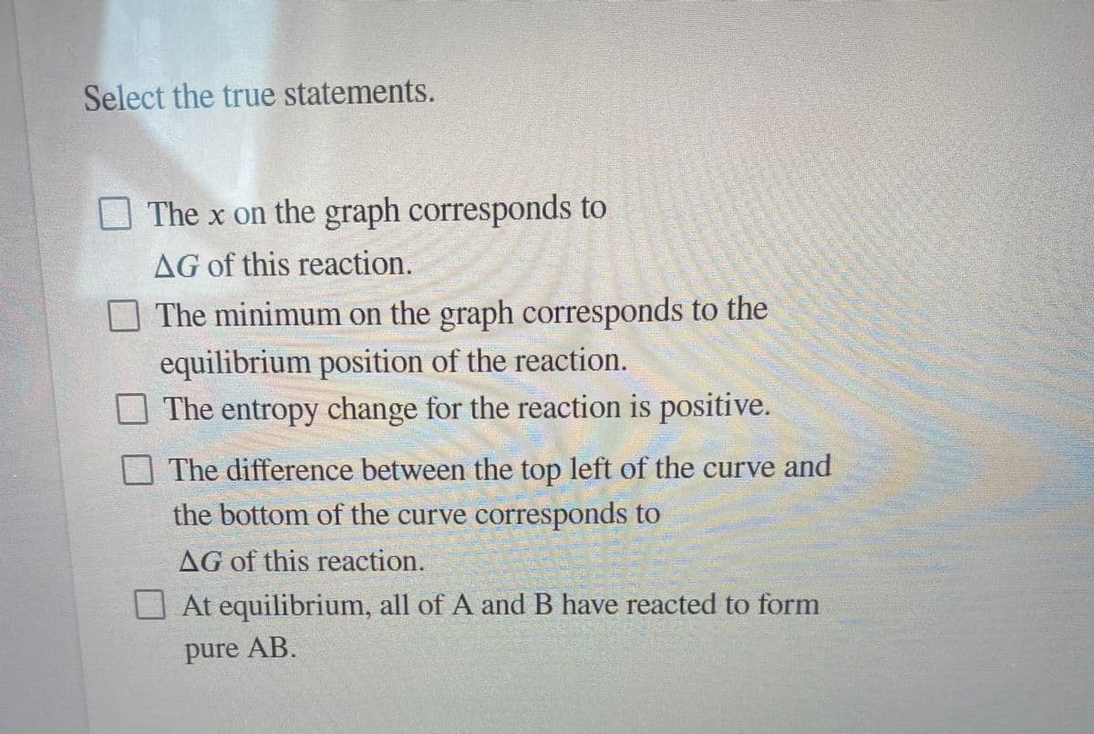 Select the true statements.
The x on the graph corresponds to
AG of this reaction.
The minimum on the graph corresponds to the
equilibrium position of the reaction.
The entropy change for the reaction is positive.
The difference between the top left of the curve and
the bottom of the curve corresponds to
AG of this reaction.
At equilibrium, all of A and B have reacted to form
pure AB.