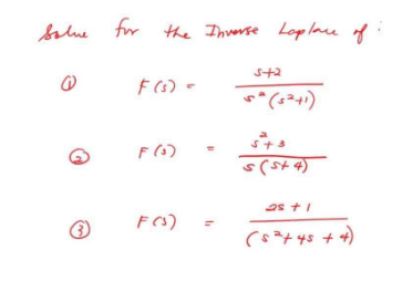 salue for the Inverse Laplace of
@
F (s) =
F (3)
F(S)
"
542
5² (5²+1)
5+3
s(5+4)
as +1
(5²+45 +4)