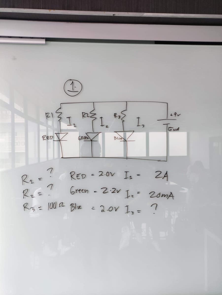 i
RED
"
?
1.
GREEN
R₁
R₂ = ?
R₂ = 1002 Blue
BLUE
1₂
+9v
RED = 2.0V 1₂ - 24
Green - 2.2v 1₂ = 20mA
?
= 2.0V 1₂ =
GNd