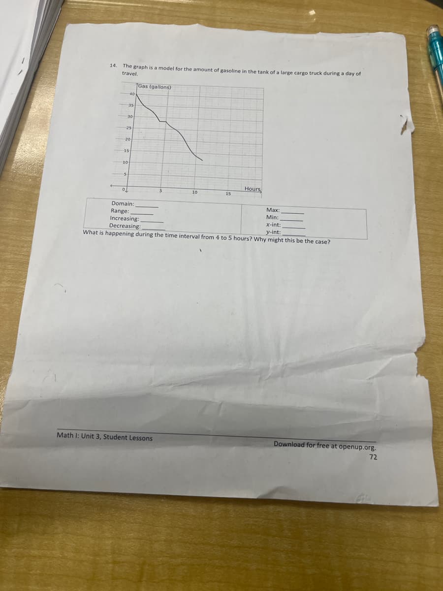 14. The graph is a model for the amount of gasoline in the tank of a large cargo truck during a day of
travel.
25
10
Gas (gallons)
Domain:
Range:
Increasing:
Decreasing:
10
Math 1: Unit 3, Student Lessons
15
Hours
Max:
Min:
x-int:
y-int:
What is happening during the time interval from 4 to 5 hours? Why might this be the case?
Download for free at openup.org.
72