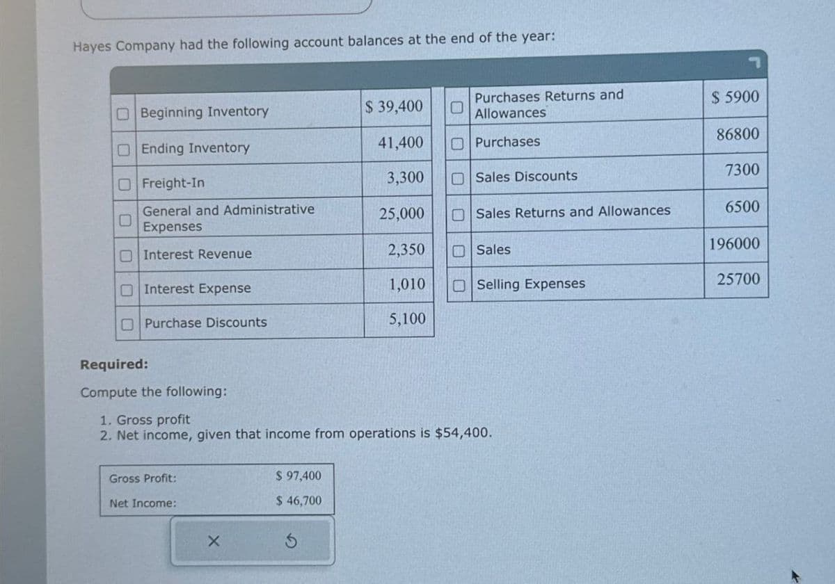 Hayes Company had the following account balances at the end of the year:
O Beginning Inventory
O Ending Inventory
Freight-In
General and Administrative
Expenses
Interest Revenue
Interest Expense
Purchase Discounts
Gross Profit:
Net Income:
X
$ 39,400
$ 97,400
$ 46,700
41,400
3,300
25,000
2,350
1,010
5,100
0
Purchases Returns and
Allowances
Purchases
Sales Discounts
Required:
Compute the following:
1. Gross profit
2. Net income, given that income from operations is $54,400.
Sales Returns and Allowances
Sales
Selling Expenses
$ 5900
86800
7300
6500
196000
25700