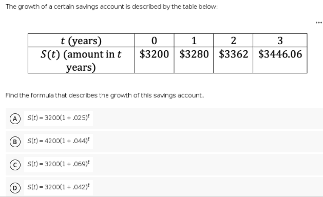 The growth of a certain savings account is described by the table below:
t (years)
S(t) (amount in t
years)
1
2
3
$3200 $3280 $3362 $3446.06
Find the formula that describes the growth of this savings account.
A s(t) = 3200(1+ .025)*
В
s(t) = 4200(1 + .044)e
© s(t) = 3200(1+.069)
S(t) = 3200(1 + .042)*
