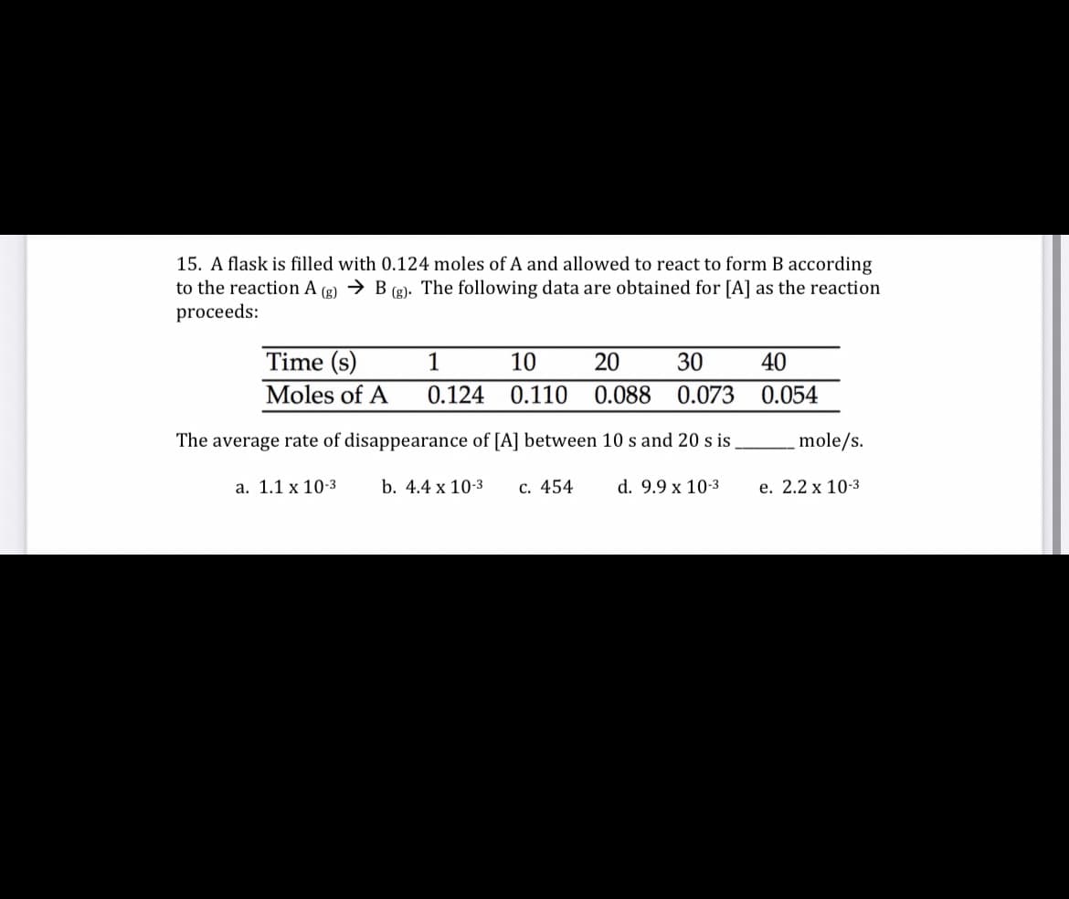 15. A flask is filled with 0.124 moles of A and allowed to react to form B according
to the reaction A (g) → B (g). The following data are obtained for [A] as the reaction
proceeds:
Time (s)
1
10
20
30
40
Moles of A
0.124
0.110
0.088
0.073
0.054
The average rate of disappearance of [A] between 10 s and 20 s is
mole/s.
a. 1.1 x 10-3
b. 4.4 x 10-3
c. 454
d. 9.9 x 10-3
e. 2.2 x 10-3
