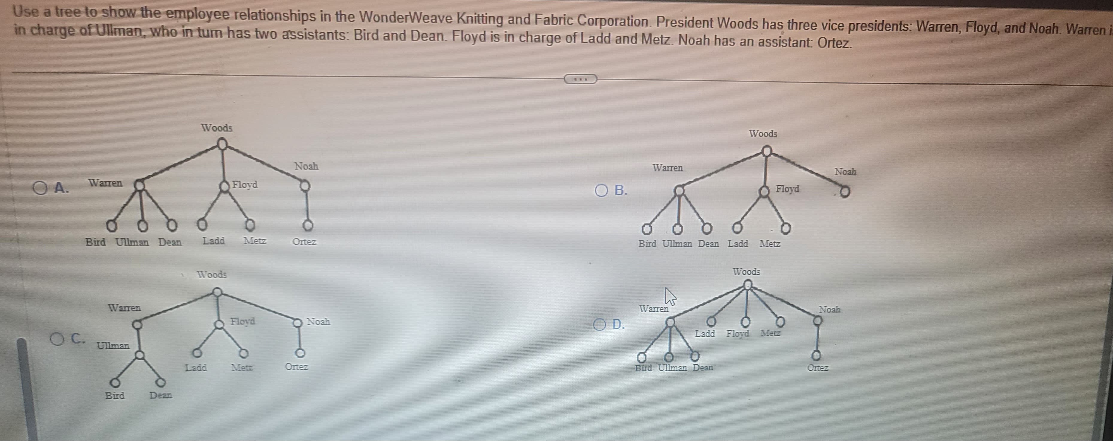 Use a tree to show the employee relationships in the WonderWeave Knitting and Fabric Corporation. President Woods has three vice presidents: Warren, Floyd, and Noah. Warren i
in charge of Ullman, who in tum has two assistants: Bird and Dean. Floyd is in charge of Ladd and Metz. Noah has an assistant: Ortez.
O A.
Woods
Floyd
MA
Bird Ullman Dean
OC.
Noah
Woods
Warren
Floyd
MA
Bird Ullman Dean Ladd
O B.
Wood:
Warren
M
Ladd Floyd Metz
Bird Ullman Dean