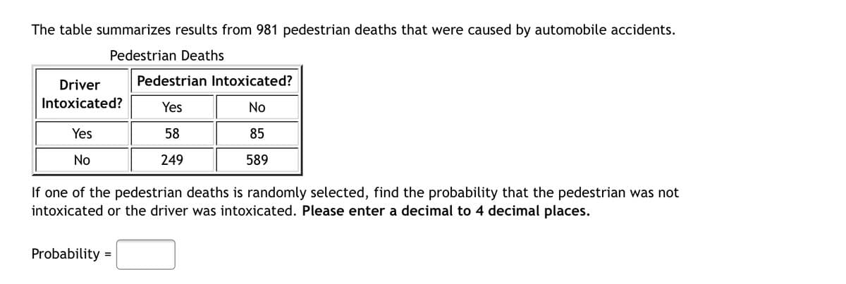 The table summarizes results from 981 pedestrian deaths that were caused by automobile accidents.
Pedestrian Deaths
Driver
Pedestrian Intoxicated?
Intoxicated?
Yes
No
Yes
58
85
No
249
589
If one of the pedestrian deaths is randomly selected, find the probability that the pedestrian was not
intoxicated or the driver was intoxicated. Please enter a decimal to 4 decimal places.
Probability
