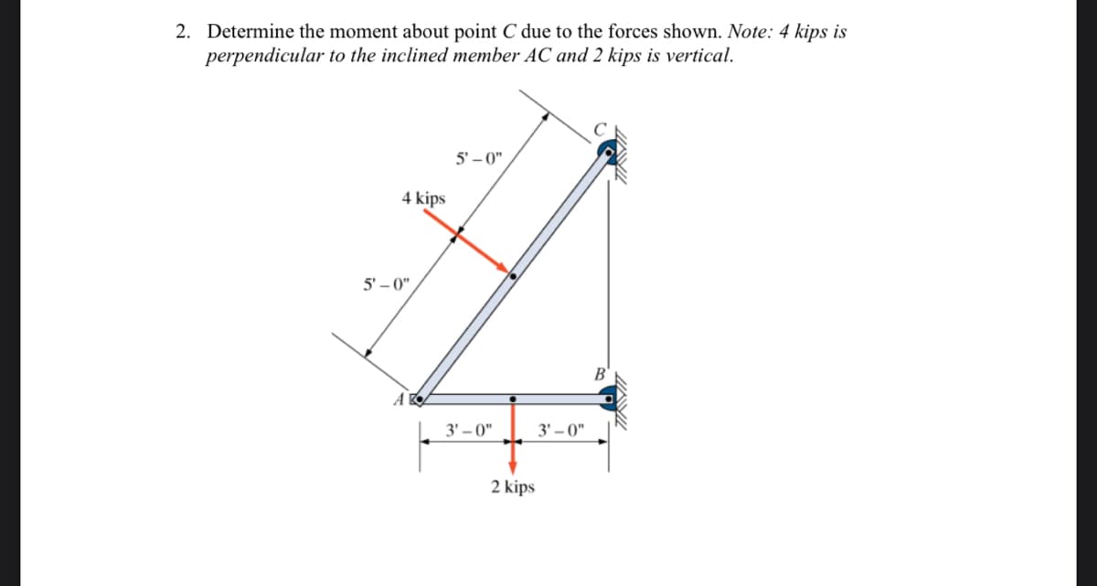 2. Determine the moment about point C due to the forces shown. Note: 4 kips is
perpendicular to the inclined member AC and 2 kips is vertical.
5' – 0"
4 kips
5' – 0"
3' – 0"
3' – 0"
2 kips

