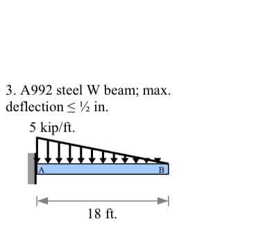 3. A992 steel W beam; max.
deflection ≤ 1/2 in.
5 kip/ft.
18 ft.
B