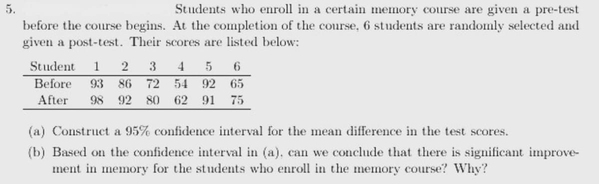 5.
Students who enroll in a certain memory course are given a pre-test
before the course begins. At the completion of the course, 6 students are randomly selected and
given a post-test. Their scores are listed below:
Student 1 2 3
5
6
Before 93
86
72 54
92
65
After 98 92 80 62 91 75
(a) Construct a 95% confidence interval for the mean difference in the test scores.
(b) Based on the confidence interval in (a), can we conclude that there is significant improve-
ment in memory for the students who enroll in the memory course? Why?