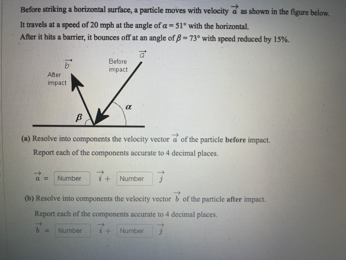 Before striking a horizontal surface, a particle moves with velocity á as shown in the figure below.
It travels at a speed of 20 mph at the angle of a = 51° with the horizontal.
After it hits a barrier, it bounces off at an angle of B=73° with speed reduced by 15%.
%3D
Before
impact
After
impact
(a) Resolve into components the velocity vector a of the particle before impact.
Report each of the components accurate to 4 decimal places.
Number
Number
%3D
->
(b) Resolve into components the velocity vector b of the particle after impact.
Report each of the components accurate to 4 decimal places.
->
%3D
Number
Number
