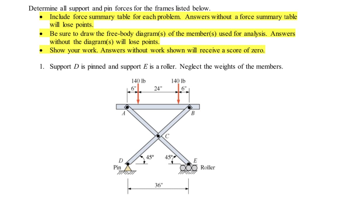 Determine all support and pin forces for the frames listed below.
Include force summary table for each problem. Answers without a force summary table
will lose points.
Be sure to draw the free-body diagram(s) of the member(s) used for analysis. Answers
without the diagram(s) will lose points.
Show your work. Answers without work shown will receive a score of zero.
1. Support D is pinned and support E is a roller. Neglect the weights of the members.
140 lb
140 lb
24"
450
45°
D
Pin
Roller
36"
