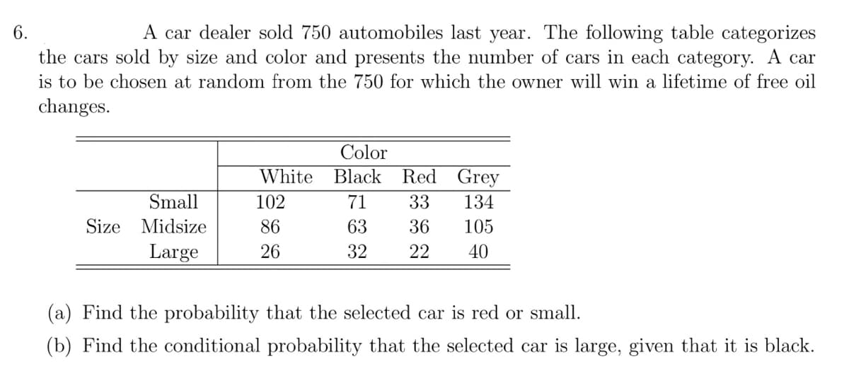 6.
A car dealer sold 750 automobiles last year. The following table categorizes
the cars sold by size and color and presents the number of cars in each category. A car
is to be chosen at random from the 750 for which the owner will win a lifetime of free oil
changes.
Small
Size Midsize
Large
Color
White Black
102
86
26
Red Grey
71
33
134
63
36
105
32 22
40
(a) Find the probability that the selected car is red or small.
(b) Find the conditional probability that the selected car is large, given that it is black.