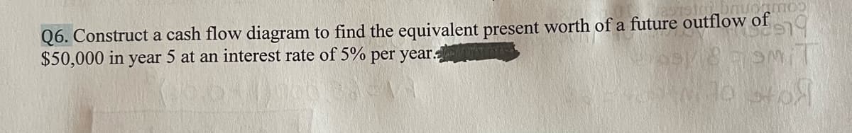 Q6. Construct a cash flow diagram to find the equivalent present worth of a future outflow of
$50,000 in year 5 at an interest rate of 5% per year
79
