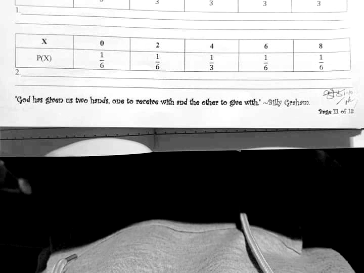 3
3.
X
2
4
6.
8.
P(X)
1
1
2.
"God has given us two hands, one to recelve with nd the other to glve wich." Blly Graham.
Pege Il of 12
3.
1/3
