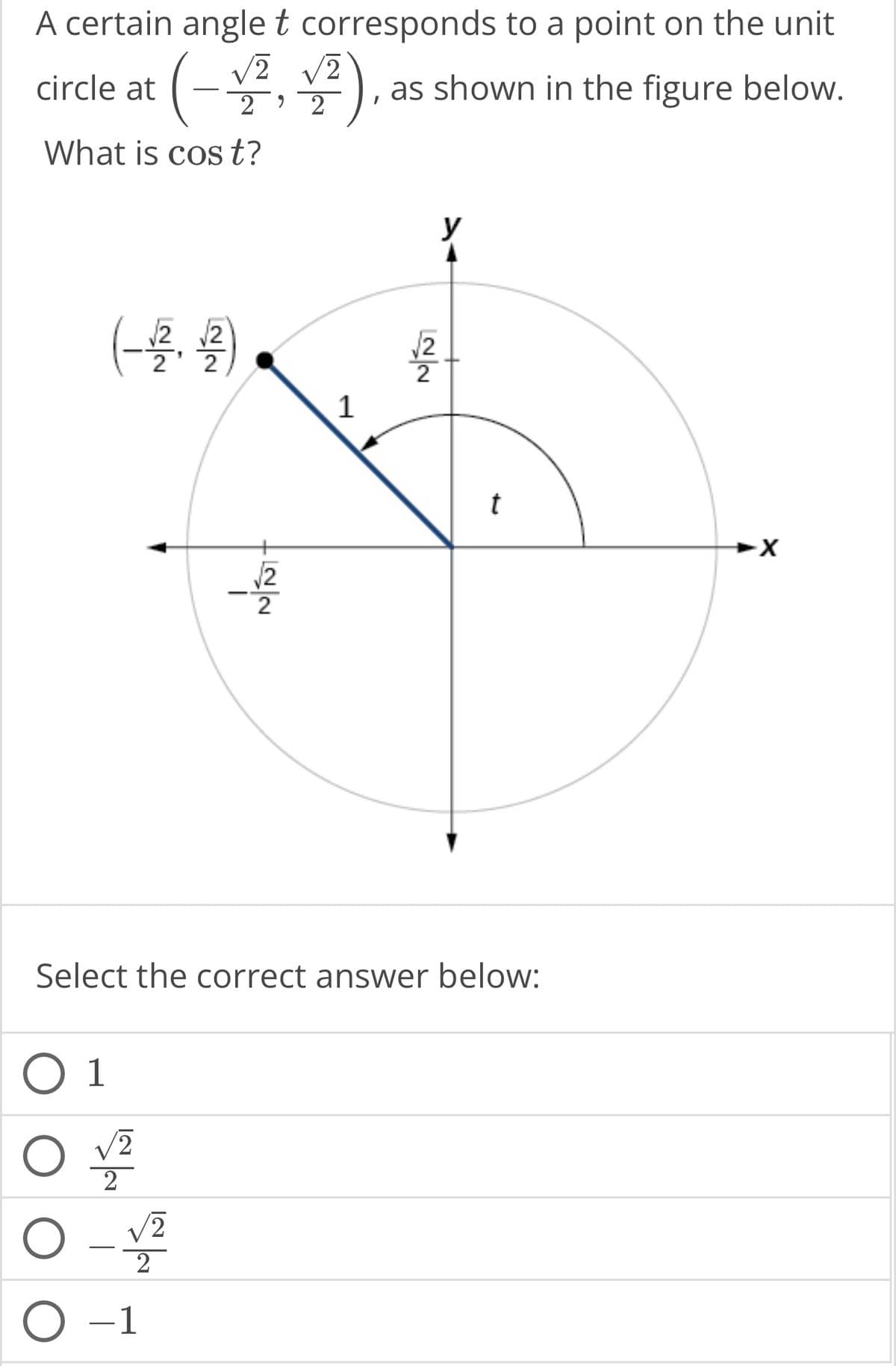 A certain angle t corresponds to a point on the unit
2
circle at
(-4/1, 4²).
22
What is cost?
(-22.2)
O 1
O
2
NÍÑ.
O-V2
/2
O -1
√2
1
, as shown in the figure below.
y
Select the correct answer below:
√2
2
t
X