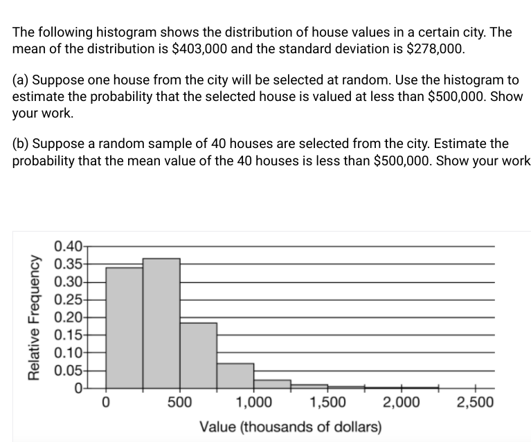 The following histogram shows the distribution of house values in a certain city. The
mean of the distribution is $403,000 and the standard deviation is $278,000.
(a) Suppose one house from the city will be selected at random. Use the histogram to
estimate the probability that the selected house is valued at less than $500,000. Show
your work.
(b) Suppose a random sample of 40 houses are selected from the city. Estimate the
probability that the mean value of the 40 houses is less than $500,000. Show your work
0.40-
0.35-
0.30-
0.25-
0.20-
0.15-
0.10-
0.05-
0-
500
1,000
1,500
2,000
2,500
Value (thousands of dollars)
Relative Frequency
