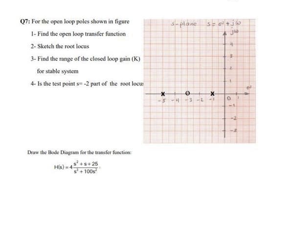 Q7: For the open loop poles shown in figure
s-plane s-ojw
1- Find the open loop transfer function
2- Sketch the root locus
3- Find the range of the closed loop gain (K)
for stable system
4- Is the test point s= -2 part of the root locus
-3-2
-2
Draw the Bode Diagram for the transfer function:
+s+ 25
H(s) = 45
s+ 100s
