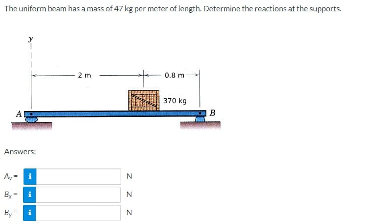 The uniform beam has a mass of 47 kg per meter of length. Determine the reactions at the supports.
A
y
1
Answers:
Ay = i
Bx=
By = i
2 m
N
N
N
0.8 m
370 kg
B