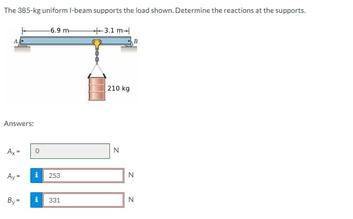 The 385-kg uniform I-beam supports the load shown. Determine the reactions at the supports.
Answers:
Ax=
Ay=
By=
0
-6.9 m-
i 253
Mi
331
+3.1 m
210 kg
N
B