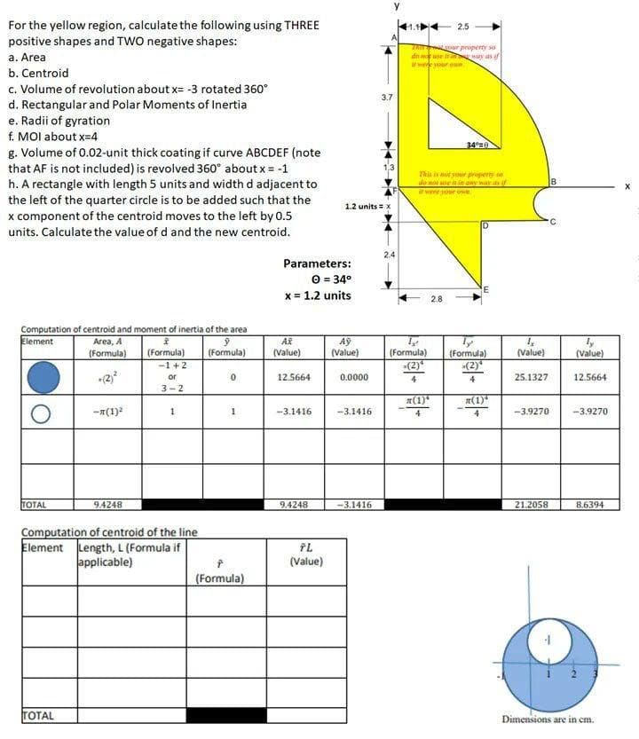 For the yellow region, calculate the following using THREE
positive shapes and TWO negative shapes:
2.5
T ur property so
de se way as
wee our u
a. Area
b. Centroid
c. Volume of revolution about x= -3 rotated 360°
d. Rectangular and Polar Moments of Inertia
e. Radii of gyration
f. MOI about x=4
g. Volume of 0.02-unit thick coating if curve ABCDEF (note
that AF is not included) is revolved 360° about x = -1
h. A rectangle with length 5 units and width d adjacent to
the left of the quarter circle is to be added such that the
x component of the centroid moves to the left by 0.5
3.7
34°=8
Thi nt sr property se
de no enin ony way as
IB
it wine sour oe
1.2 units = x
units. Calculate the value of d and the new centroid.
2.4
Parameters:
O = 34°
x = 1.2 units
2.8
Computation of centroid and moment of inertia of the area
Flement
Area, A
(Formula)
-1 +2
Aỹ
(Value)
(Value)
(Formula)
(Value)
(Formula)
(2)
(Formula)
(Value)
(Formula)
(2)*
or
12.5664
0.0000
4
4
25.1327
12.5664
3-2
a(1)"
x(1)
-(1)
1
-3.1416
-3.1416
4
4
-3.9270
-3.9270
TOTAL
9.4248
9.4248
-3.1416
21.2058
8.6394
Computation of centroid of the line
Element Length, L (Formula if
applicable)
(Value)
(Formula)
TOTAL
Dimensions are in cm.
