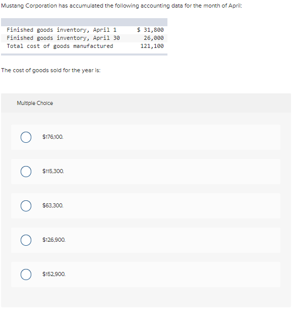 Mustang Corporation has accumulated the following accounting data for the month of April:
Finished goods inventory, April 1
Finished goods inventory, April 30
Total cost of goods manufactured
The cost of goods sold for the year is:
Multiple Choice
O $176,100.
O $115,300.
$63,300.
$126,900.
$152,900.
$ 31,800
26,000
121,100