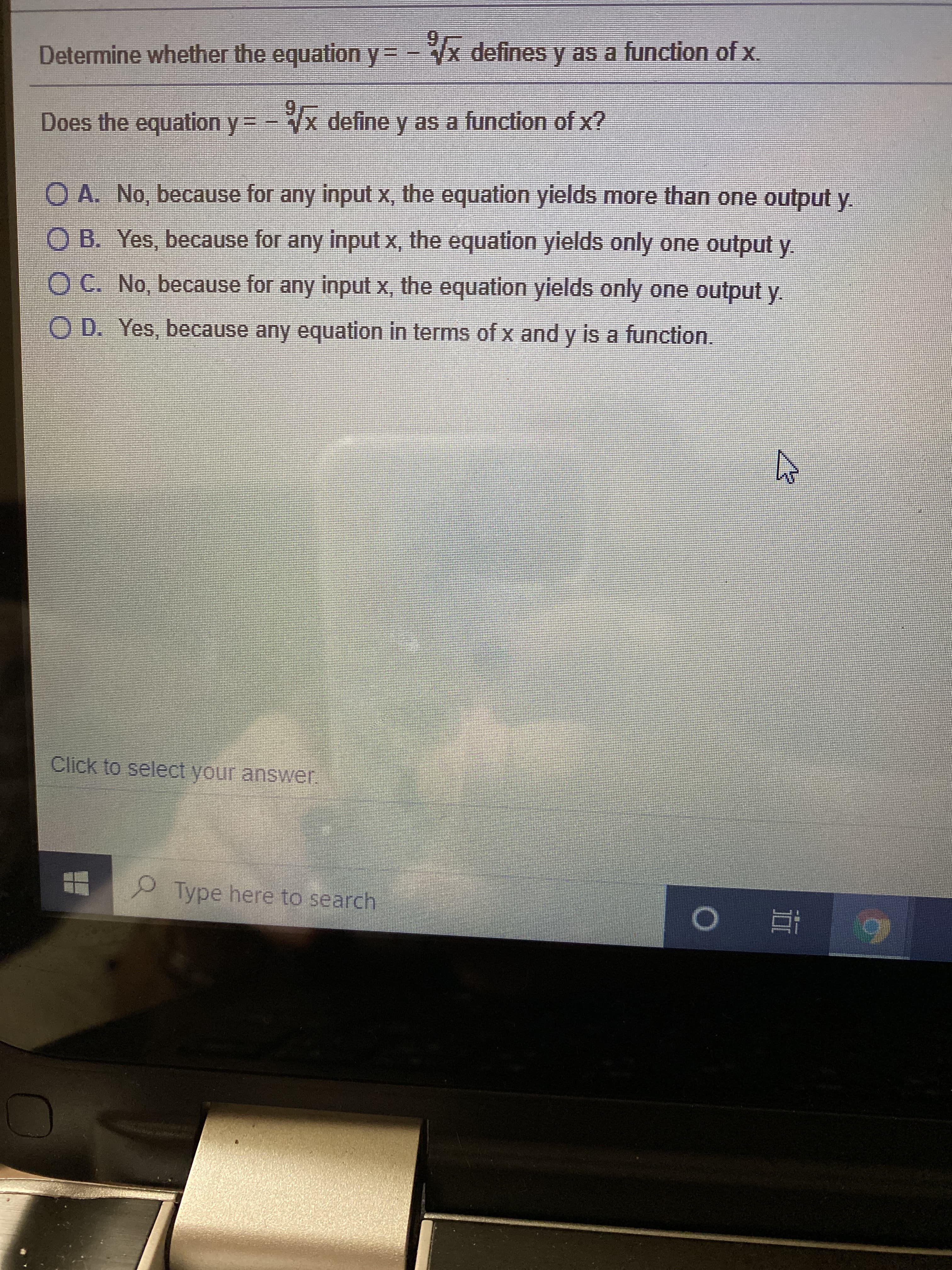 9,
etermine whether the equation y%D
- x defines y as a function of x.
