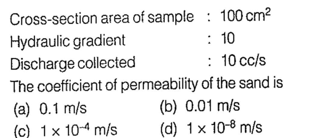 Cross-section area of sample:
Hydraulic gradient
Discharge collected
: 10 cc/s
The coefficient of permeability of the sand is
(a) 0.1 m/s
(b) 0.01 m/s
(c) 1 x 10-4 m/s
(d) 1 x 10-8 m/s
100 cm²
10
: