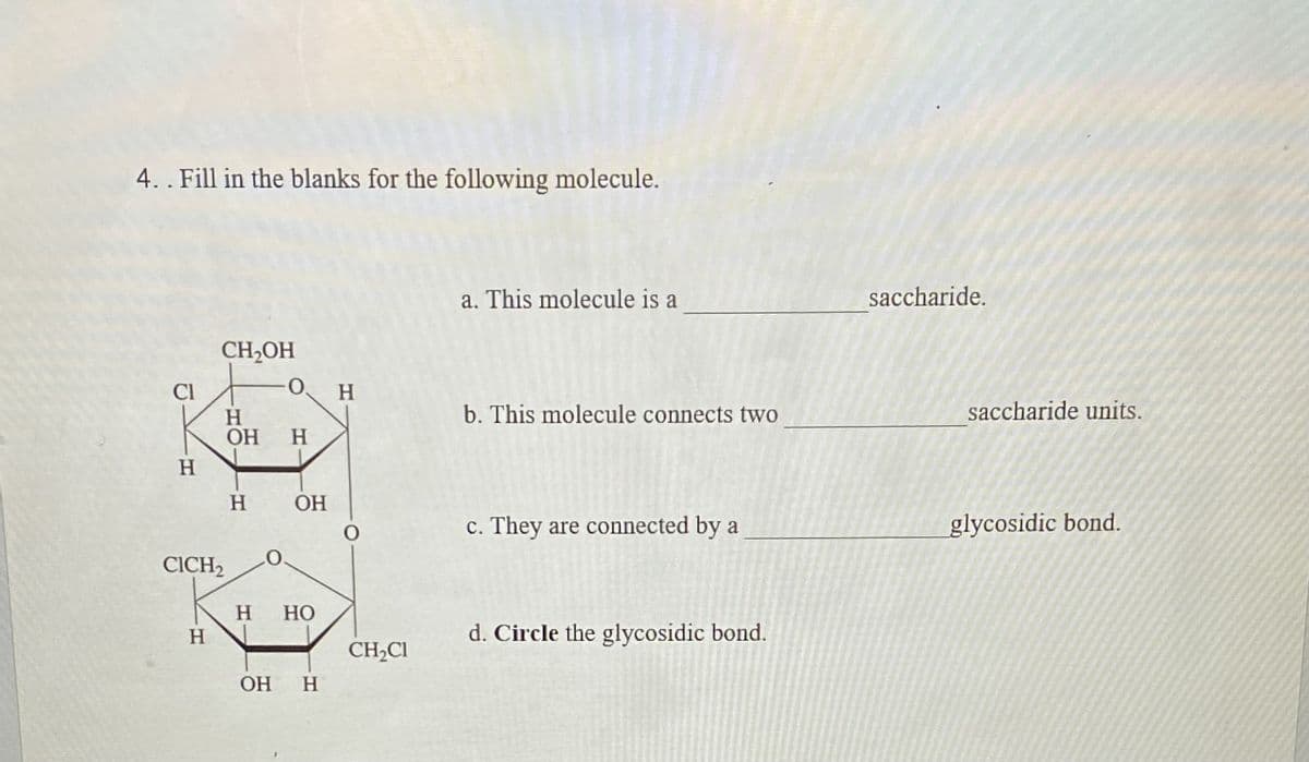 4. . Fill in the blanks for the following molecule.
CI
H
CH₂OH
H
CICH₂
O
H
OH H
H OH
H HO
H
OH H
H
CH₂Cl
a. This molecule is a
b. This molecule connects two
c. They are connected by a
d. Circle the glycosidic bond.
saccharide.
saccharide units.
glycosidic bond.