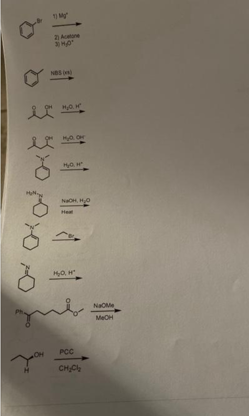 Br
1) Mg
OH
2) Acetone
3) H30º
NBS (xs)
что
HO H
H2O. OH
Но, н
NaOH, H.O
Heat
HO, H
PCC
CH₂Cl₂
NaOMe
MeOH