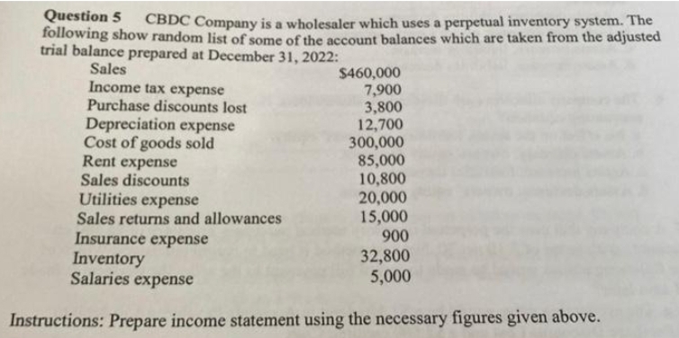 Question 5 CBDC Company is a wholesaler which uses a perpetual inventory system. The
following show random list of some of the account balances which are taken from the adjusted
trial balance prepared at December 31, 2022:
Sales
Income tax expense
Purchase discounts lost
Depreciation expense
Cost of goods sold
Rent expense
Sales discounts
Utilities expense
Sales returns and allowances
$460,000
7,900
3,800
12,700
300,000
85,000
10,800
20,000
15,000
900
32,800
5,000
Insurance expense
Inventory
Salaries expense
Instructions: Prepare income statement using the necessary figures given above.