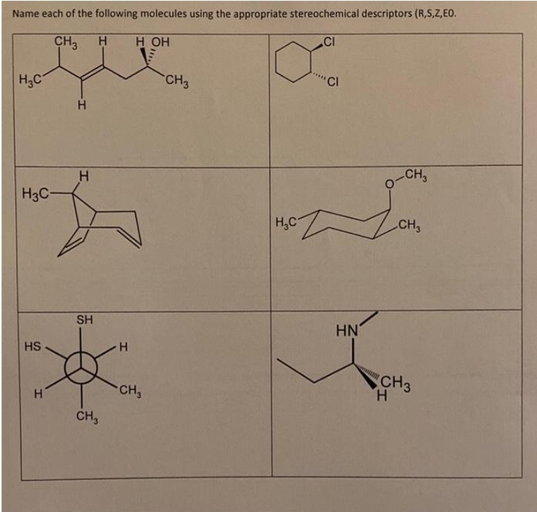 Name each of the following molecules using the appropriate stereochemical descriptors (R,S,Z,EO.
Ва
CH3 Н Н ОН
'CI
H3C
H3C
HS
Н
Н
Н
SH
CH₂
H
CH₂
CH3
вст
.CI
HN
CH₂
CH3
CH3
Н
