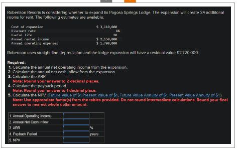 Robertson Resorts is considering whether to expand its Pagosa Springs Lodge. The expansion will create 24 additional
rooms for rent. The following estimates are available.
Cost of expansion
Discount rate
Useful life
Annual rental income
Annual operating expenses
Robertson uses straight-line depreciation and the lodge expansion will have a residual value $2,720,000.
$ 3,110,000
innual Operating Income
2. Annual Nel Cash Infow
3. ARR
4. Payback Period
5. NPV
8%
28
$ 2,150,000
$ 1,700,000
Required:
1. Calculate the annual net operating income from the expansion.
2. Calculate the annual net cash inflow from the expansion.
3. Calculate the ARR
Note: Round your answer to 2 decimal places.
4. Calculate the payback period.
Note: Round your answer to 1 decimal place.
5. Calculate the NPV. (Future Value of $1,Present Value of $1. Future Value Annuity of $1, Present Value Annulty of S1)
Note: Use appropriate factor(s) from the tables provided. Do not round intermediate calculations. Round your final
answer to nearest whole dollar amount.
%
years