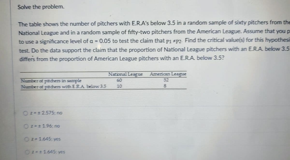 Solve the problem.
The table shows the number of pitchers with E.R.A's below 3.5 in a random sample of sixty pitchers from the
National League and in a random sample of fifty-two pitchers from the American League. Assume that you p
to use a significance level of a = 0.05 to test the claim that p1 #p2- Find the critical value(s) for this hypothesi
test. Do the data support the claim that the proportion of National League pitchers with an E.R.A. below 3.5
differs from the proportion of American League pitchers with an E.R.A. below 3.5?
Number of pitchers in sample
Number of pitchers with E.R.A. below 6.5 10
Oz= ±2.575; no
O z == 1.96; no
National League
O z=1.645: yes
Oz=11.645: yes
American League
52