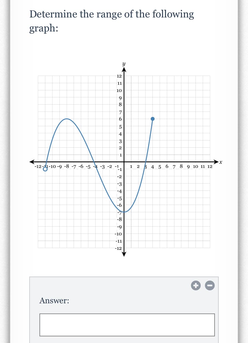 Determine the range of the following
graph:
y
12
11
10
9.
8
7
6
4
3
2
1
-12-1-10 -9 -8 -7 -6 -5 -4 -3 -2 -1.
1
2
B 4 5 6 7 8 9 10 11 12
-2
-3
-4
-5
-6
-8
-9
-10
-11
-12
Answer:
