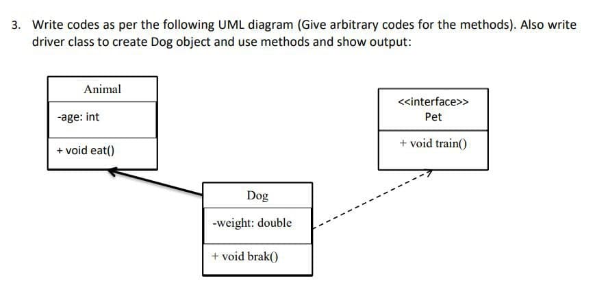 3. Write codes as per the following UML diagram (Give arbitrary codes for the methods). Also write
driver class to create Dog object and use methods and show output:
Animal
<<interface>>
-age: int
Pet
+ void train()
+ void eat()
Dog
-weight: double
+ void brak()
