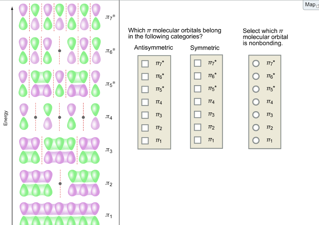 Map u
8888
N7*
Which T molecular orbitals belong
in the following categories?
Select which T
molecular orbital
is nonbonding.
O00 . 000
888
888
Antisymmetric
Symmetric
Ло"
TT7*
TT7*
000! 0:00
Пе
πε.
По"
По*
TT5*
Пs
TT4
TT4
ПА
Пз
Пз
Пз
IT4
П2
П2
П2
П1
П1
Tч
Лз
00
П2
000
000000O
T1
Energy
