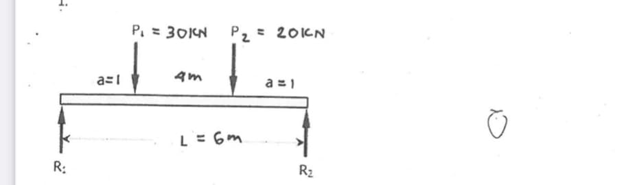 P, = 30KN
Pz=
= 20KN
a = 1
L = 6m
R:
R2
