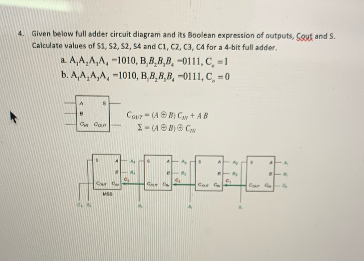 Given below full adder circuit diagram and its Boolean expression of outputs, Cout and S.
Calculate values of S1, S2, S2, S4 and C1, C2, C3, C4 for a 4-bit full adder.
4.
a. A,A,A,A, =1010, B,B,B,B, =0111, C, =1
b. A,A,A,A, =1010, B,B,B,B, =0111, C, =0
B.
COUT= (A B) CIN+ AB
CIN COUT
E= (A O B) CIN
Ay
Ag
A.
B
Cour C
CouT C
CouT C
Con C
MSB
C.S.
