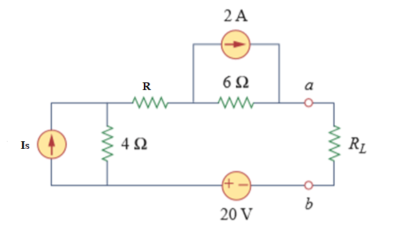 2 A
6Ω
a
R
4Ω
R1
Is
20 V
