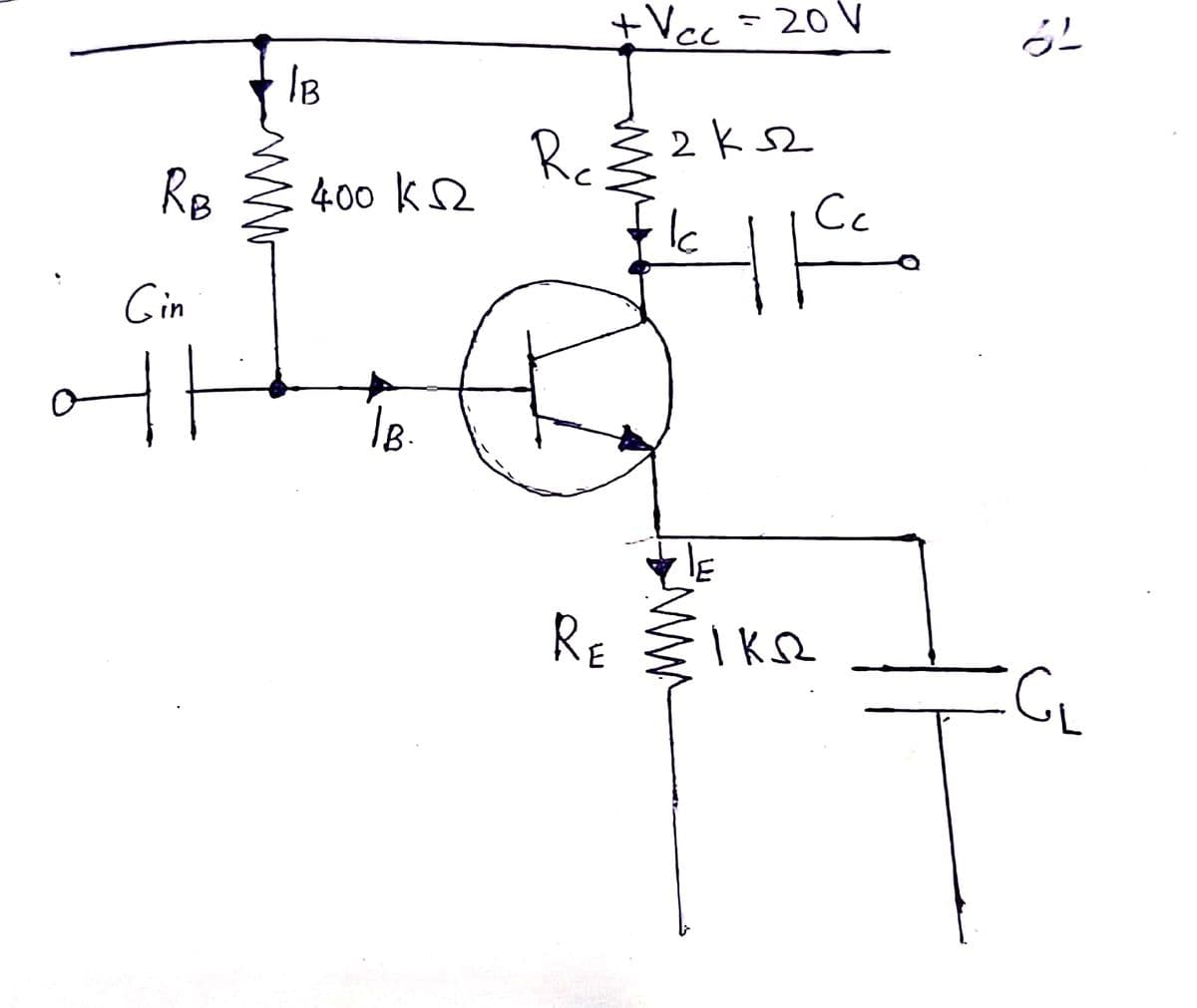 +Vcc=20V
IB
2k오
Re
Re
4-00 k오
Cc
Ic
Gin
RE
