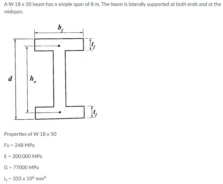 AW 18 x 50 beam has a simple span of 8 m. The beam is laterally supported at both ends and at the
midspan.
d
Properties of Ww 18 x 50
Fy = 248 MPa
E = 200,000 MPa
G = 77000 MPa
Ix = 333 x 106 mm4
