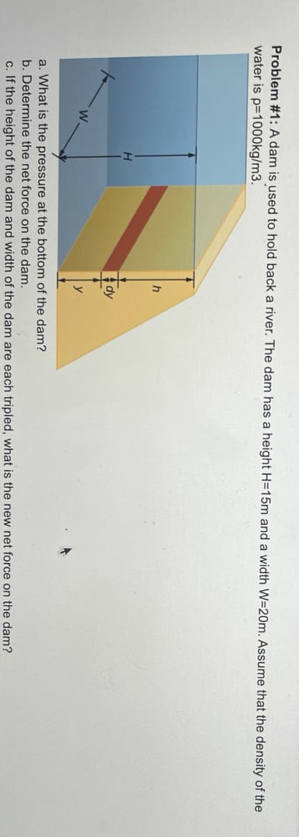 Problem #1: A dam is used to hold back a river. The dam has a height H=15m and a width W=20m. Assume that the density of the
water is p=1000kg/m3.
h
H
dy
W.
a. What is the pressure at the bottom of the dam?
b. Determine the net force on the dam.
c. If the height of the dam and width of the dam are each tripled, what is the new net force on the dam?
