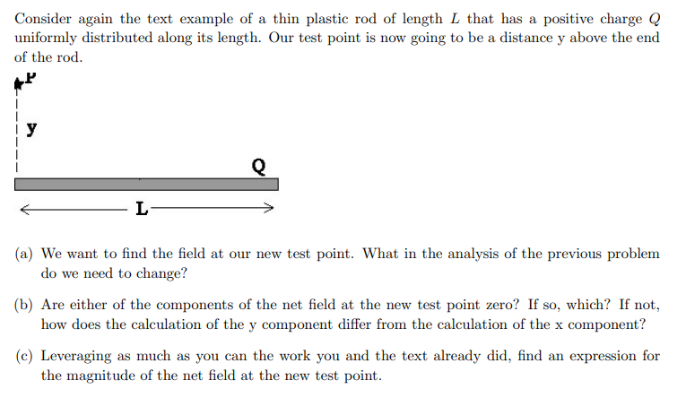 Consider again the text example of a thin plastic rod of length L that has a positive charge Q
uniformly distributed along its length. Our test point is now going to be a distance y above the end
of the rod.
L-
Q
(a) We want to find the field at our new test point. What in the analysis of the previous problem
do we need to change?
(b) Are either of the components of the net field at the new test point zero? If so, which? If not,
how does the calculation of the y component differ from the calculation of the x component?
(c) Leveraging as much as you can the work you and the text already did, find an expression for
the magnitude of the net field at the new test point.